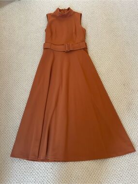 Calvin Klein Sleeveless Belted A-Line Midi Dress in Rust